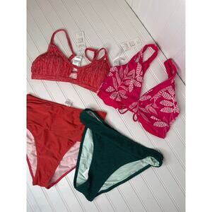 NWT Cupshe Two Peace Swimsuit Bikini Red High Waist Bottom Beach BUNDLE Sz M